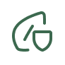 A green outline of a leaf with a shield overlay, centered on a white circular background.