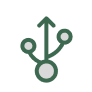 A green USB symbol with three branches, each ending in a circle, square, or arrow, on a white circular background.