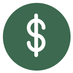 A white dollar sign centered in a solid dark green circle.
