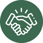 White icon of two hands shaking, with motion lines above, symbolizing agreement or partnership, set against a solid green circular background.