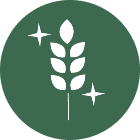 White wheat stalk icon with two sparkling stars on a green circular background.