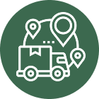 White outline of a delivery truck with a package, surrounded by location pins on a green circular background, representing package tracking or logistics.