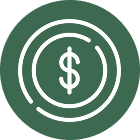 A white dollar sign inside two concentric white circles, set against a green circular background.