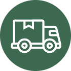 White delivery truck icon with a package symbol on its side, shown on a green circular background.